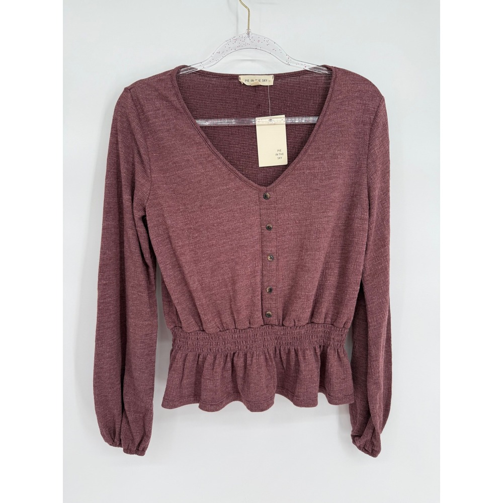 Pie In The Sky Mauve Waffle Knit Peplum Top Smocked Waist Button V-Neck Sz L NEW